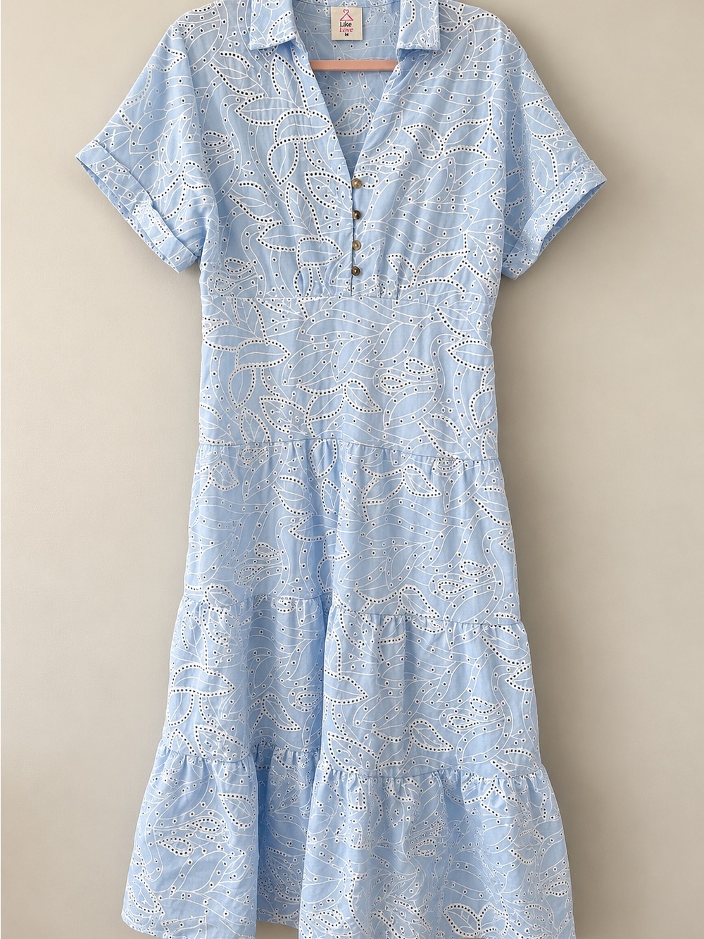 Like Love Blue Eyelet Embroidered Tiered Midi Dress Size M